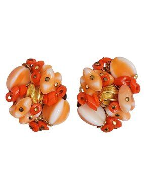 Alice Caviness Orange Glass Bead Clip-On Earrings, Signed K603